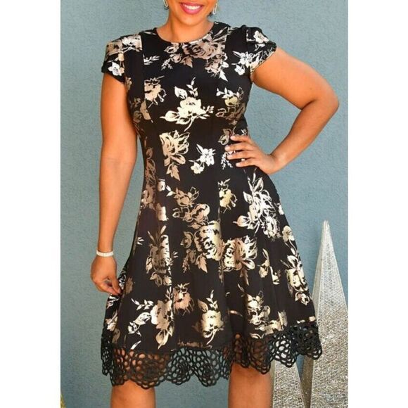 Donna Ricco Women's Sz 2 Black/Gold Tulip Sleeve Lace Hem Fit & Flare Dress - Picture 11 of 12